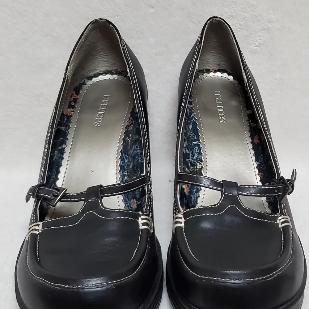 VINTAGE 90s Maurices Black Vegan Leather Platform Chunky Heel Maryjane Shoes 10